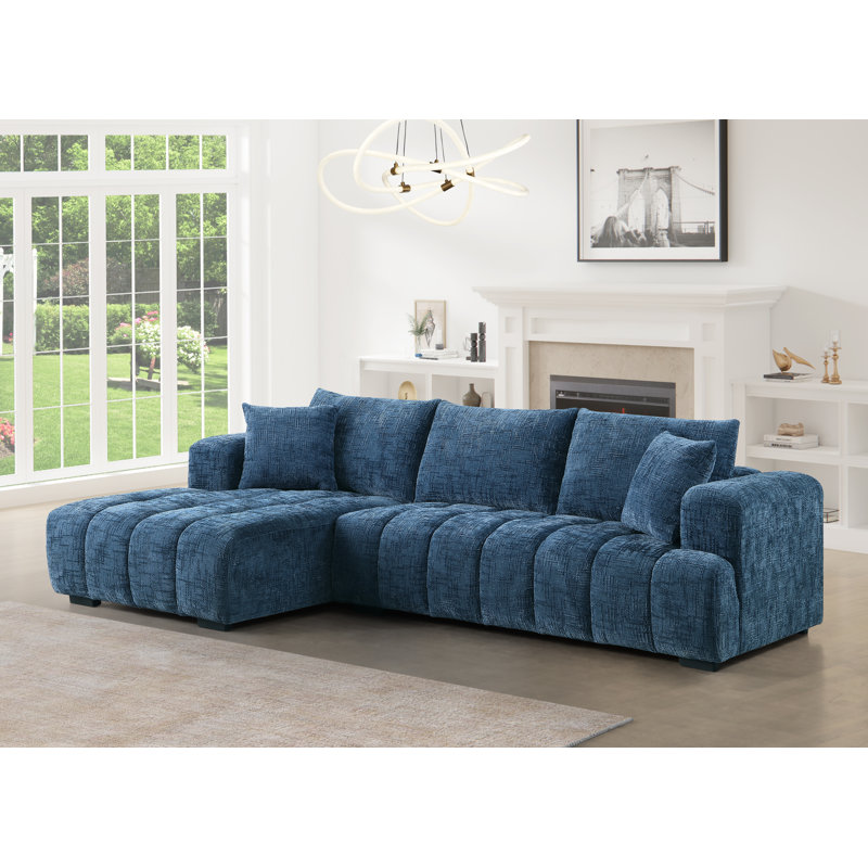 Modern Tufted Sectional Right-chaise Sofa , Orienté à gauche (vu de face), Chenille bleu, H 34,2 po x l 109,4 po x P 62,5 po