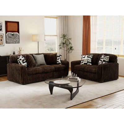 Corcoran 2-Piece Living Room Set, Oversized Sofa and Loveseat with Jumbo Corduroy Upholstery, Reversible Cushions, and Accent Pillows, Chocolate by Mercer41