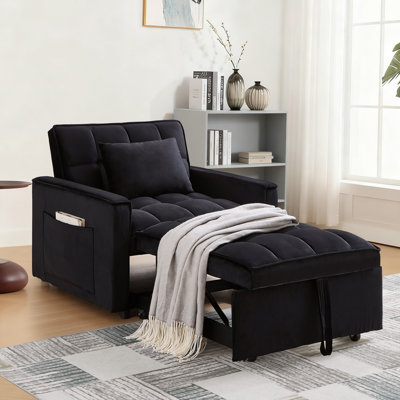 35-inch Pull Out Sofa Chair Bed, Modern Tufted Velvet 3 in 1 Convertible Sleeper Sofa Chair with a Pillow for Small Space, Living Room, Apartment, Bed