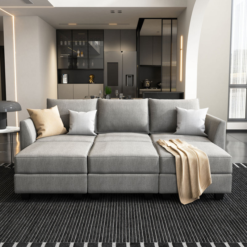U-Shaped Sleeper Sectional Reversible Modular Sectional Sofa, Gray Polyester