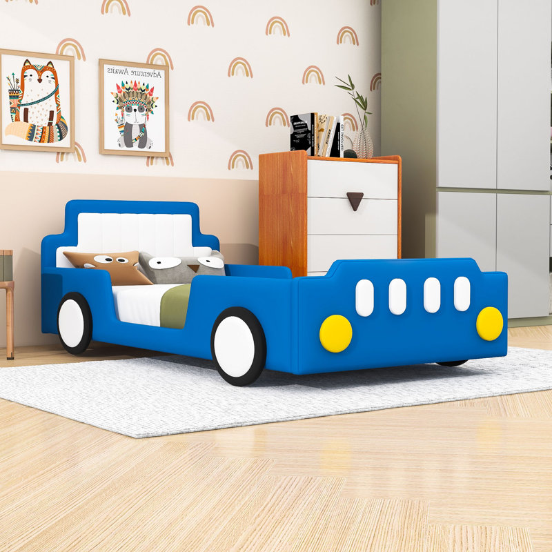 Twin Race Car-Themed Bed With Slats, Blue