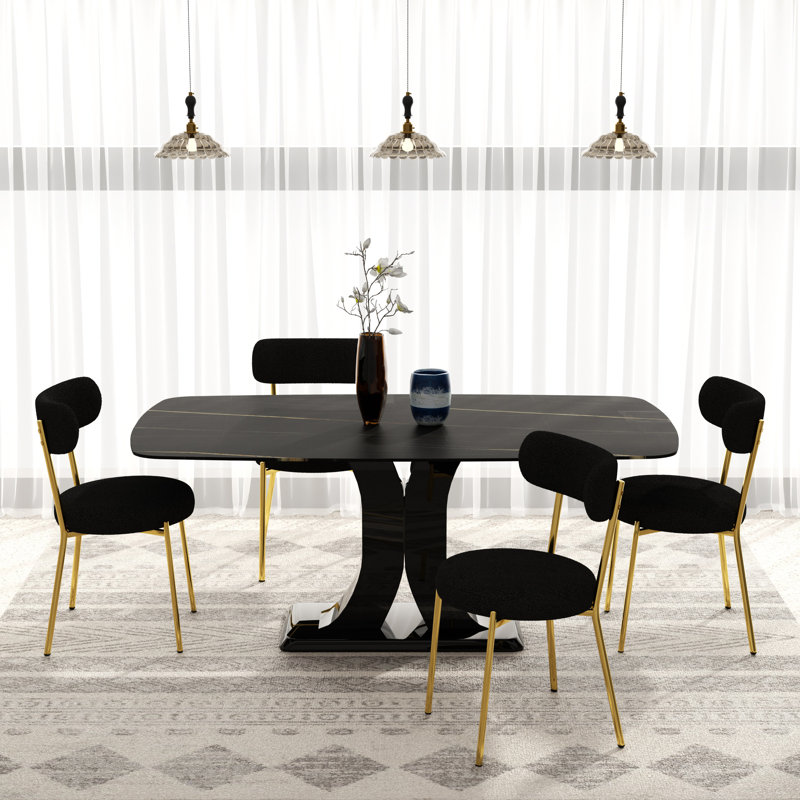 Ensemble de salle à manger rectangulaire moderne avec chaise Teddy, Noir, Or/noir, 5 pièces (table, 4 chaises)