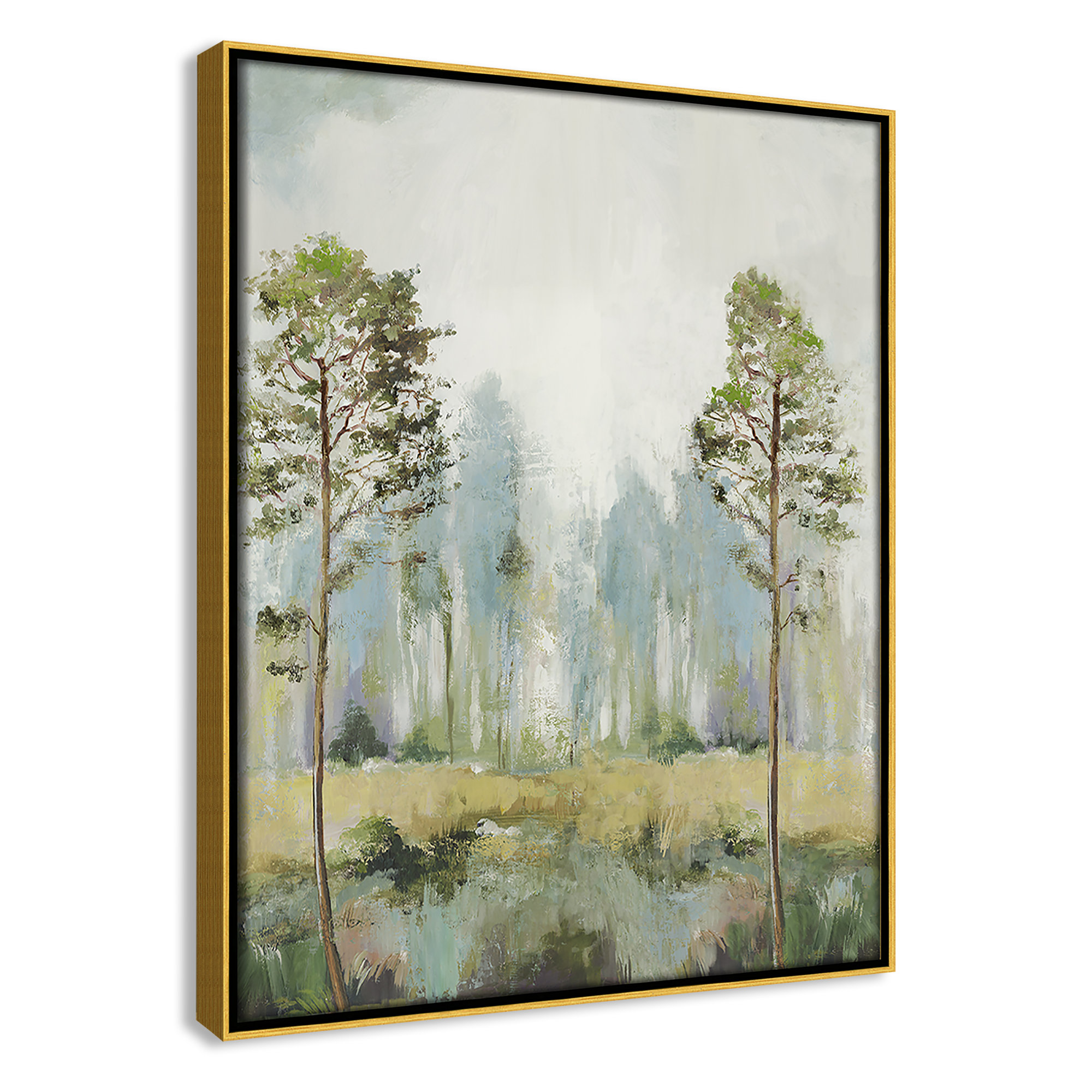 Tall Green Trees II by Teton Pearce - Floater Frame Print on Canvas, 15.5" H x 12.5" W, Gold