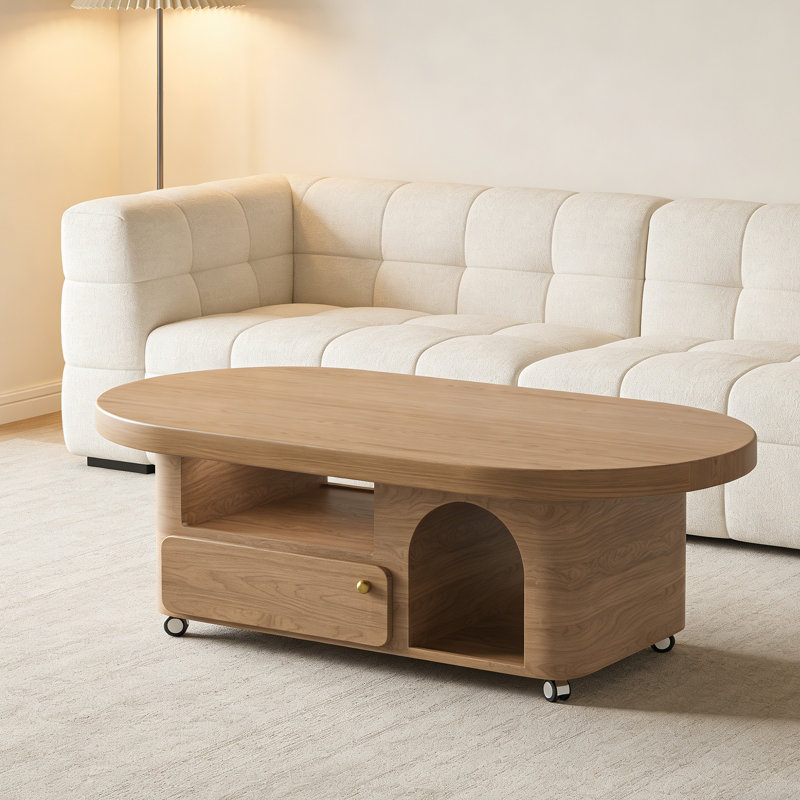 Table basse moderne avec tiroir de rangement à roulettes, H 16,53 po x l 55,11 po x P 23,62 po, Naturel