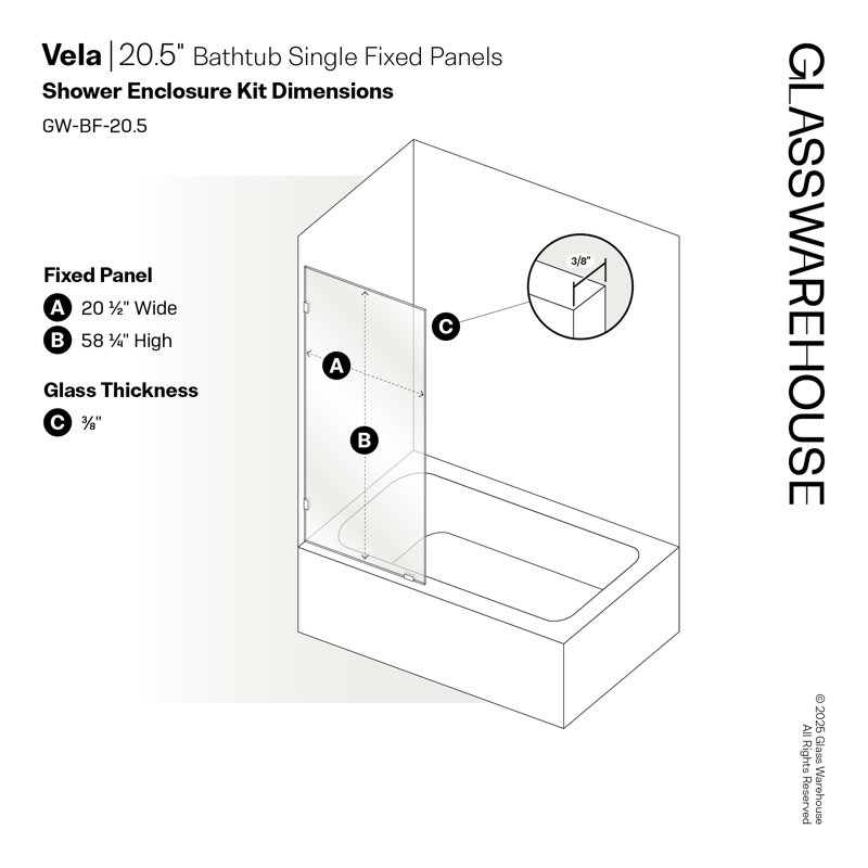 Vela 20.5 in. x 58.25 in. Frameless Single Fixed Bath Panel, Matte Black