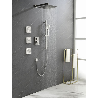 Système de douche avec pomme de douche, douche à main, barre coulissante, jets de corps, bras de douche, tuyau, garniture de valve et poignées à levier