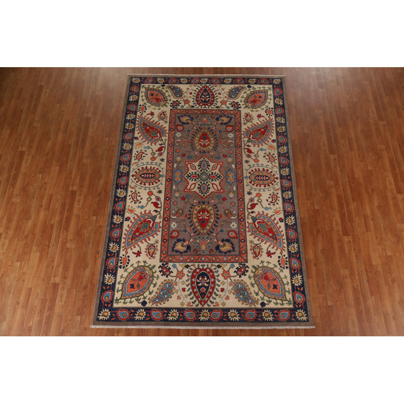 Tapis gris / brun / rouge en laine noué à la main de conception unique 6 pi 7 po x 10 pi 2 po New Age