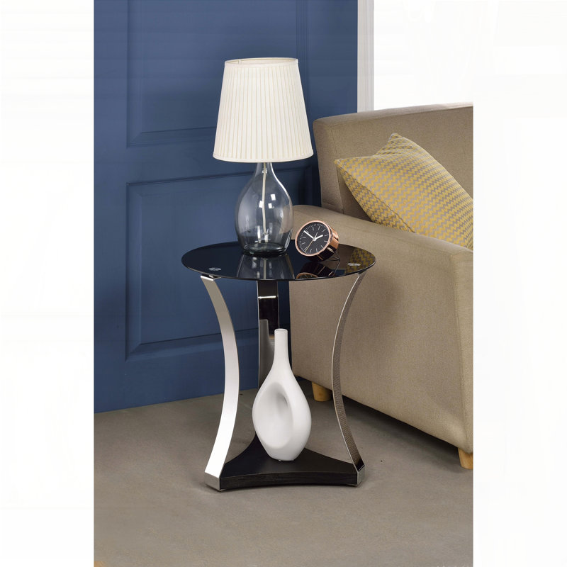 Table de bout ronde en verre noir avec base en chrome et tablette en bois
