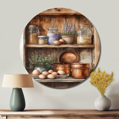 Rustic Kitchen Shelf Still Life - Country Charm Round Metal Wall Decor