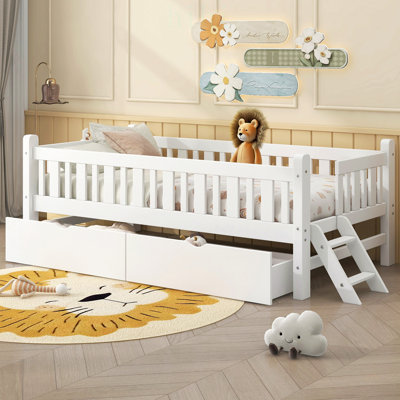 Lit plateforme en bois pour lit simple avec barrière de sécurité, 2 tiroirs et montage facile pour chambres d'enfants