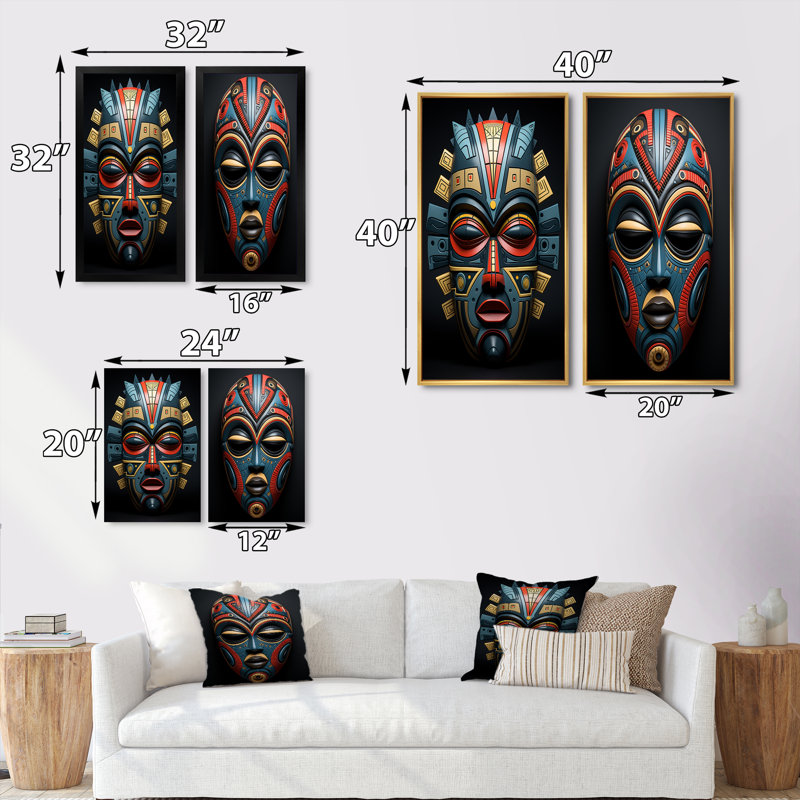 «African Tribal Pende Mask», 2 pièces sur toile, Encadrement doré, H 40 po x l 40 po