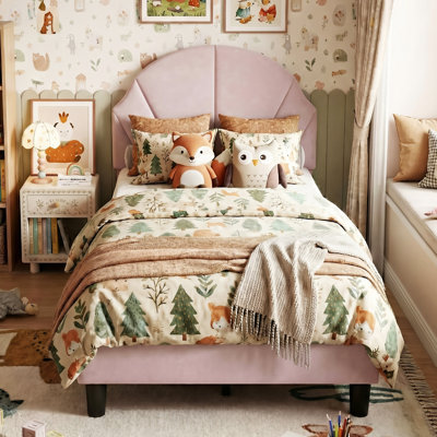 UK & EU Kids Velvet Bed Frame, Scalloped Shell Upholstery Bed with Height-Adjustable Headboard, Beige/Pink