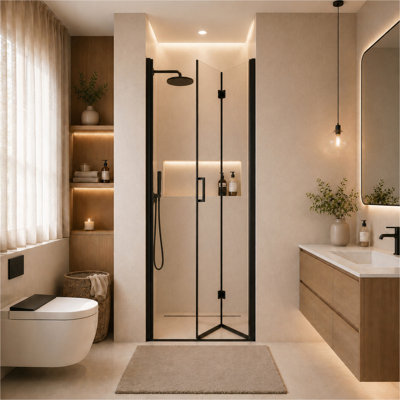 Semi-Frameless Folding Pivot Hinged Shower Door 32-33.2 in. W x 72 in. H,1/4" (6mm) Tempered Glass,Bathroom Bifold Panel, Reversible Installation,Matte Black