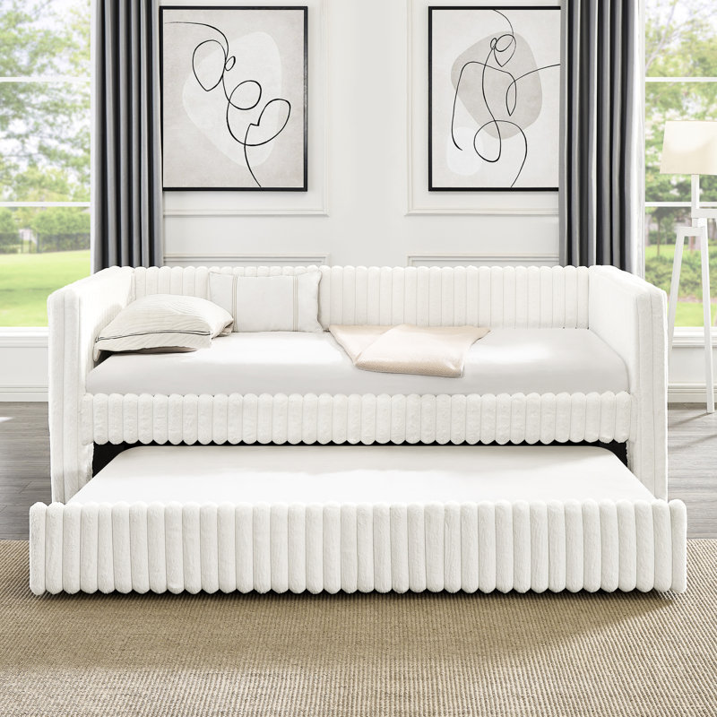 Lit de jour rembourré simple avec dispositif coulissant - Beige pour un lit peu encombrant, Beige, Lit double