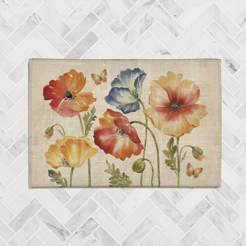 Multi Watercolor Poppies Chenille Floral Indoor Rug, Rectangle 4' x 6'