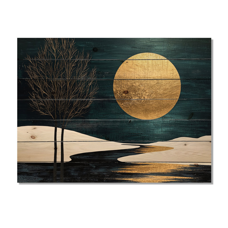 Quiet Bold Mountain In Emerald Gold Harmony II - Lake Wood Wall Art - On Natural Pine Wood, 30" H x 40" W x 0.78" D