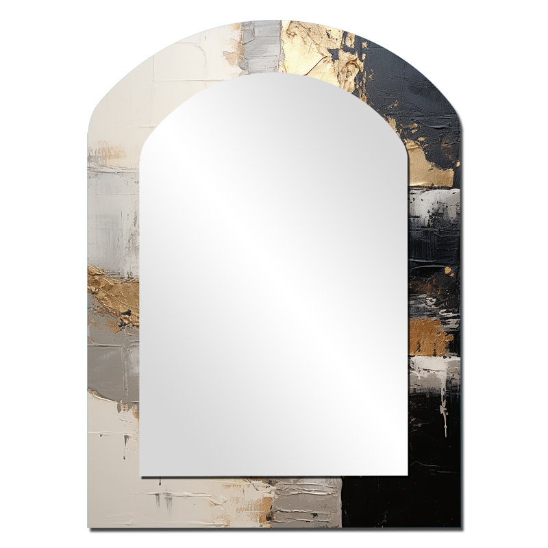Gray Gold Minimalism Poteries I - Abstract Spirals Arch Decorative Mirror, Grey Asymmetrical Wall Mirror, Printed Metal Art