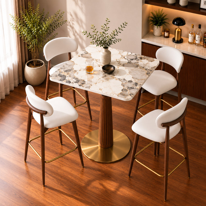 33.5''  Square Counter Height Pub Table（Bar Table） with Sintered Stone Top, Available in a variety of colors, Solid Rubberwood Pedestal Base and Gold Metal Bottom, Modern Bistro Table