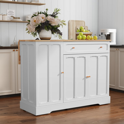Îlot de cuisine pliant de 47,2 po avec rangement, chariot de cuisine multifonctionnel d'inspiration rétro avec plateau en bois massif
