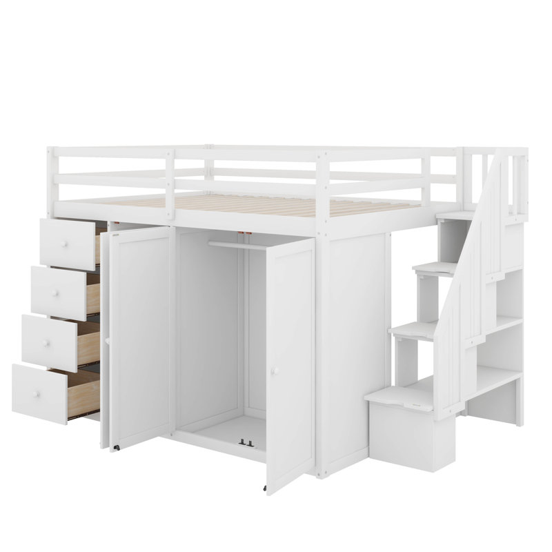 Lit mezzanine double en bois avec armoires, tiroirs et armoires, Blanc