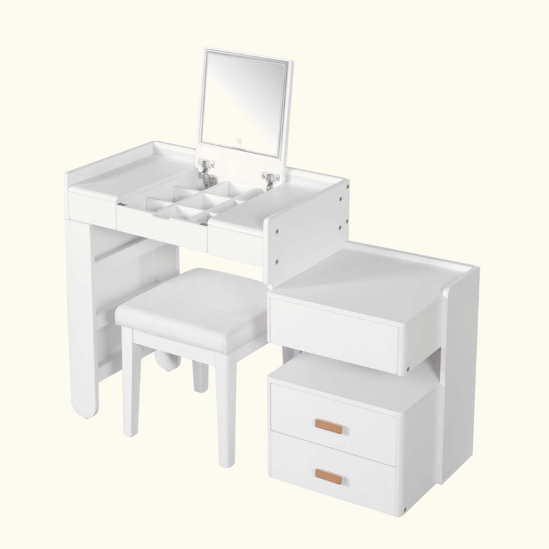 Bureau de coiffeuse 3 en 1 avec miroir rabattable, éclairage à DEL, longueur réglable et tiroirs spacieux, Blanc