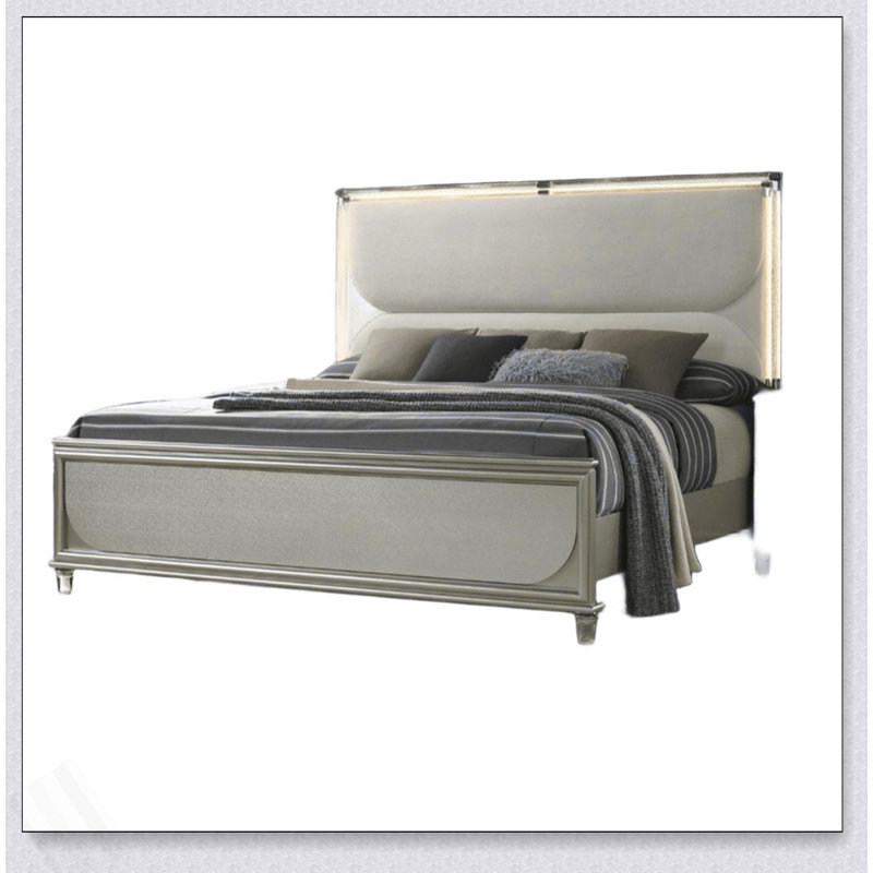 Contemporary Glam Silver Fabric Upholstered Bed W LED Embossed Panel 1Pc Bedframe Bedroom Furniture