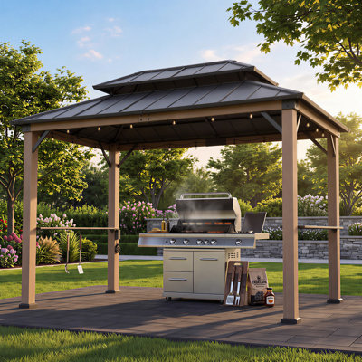 Sunjoy 8' x 12' Wooden Grill Gazebo with Built-in Power Outlet 9.5' Tall Hardtop Outdoor Barbecue BBQ Gazebo with Larger Steel Double Roof, 2 Side Shelves for Deck, Lawn, Backyard, Brown
