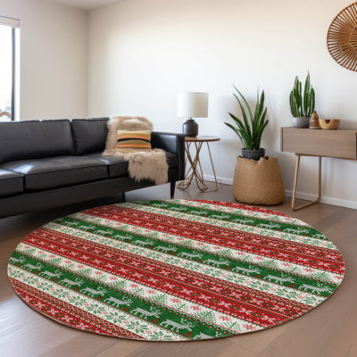 Machine Washable Indoor/Outdoor Christmas Reindeers Xhevrie Red Rug