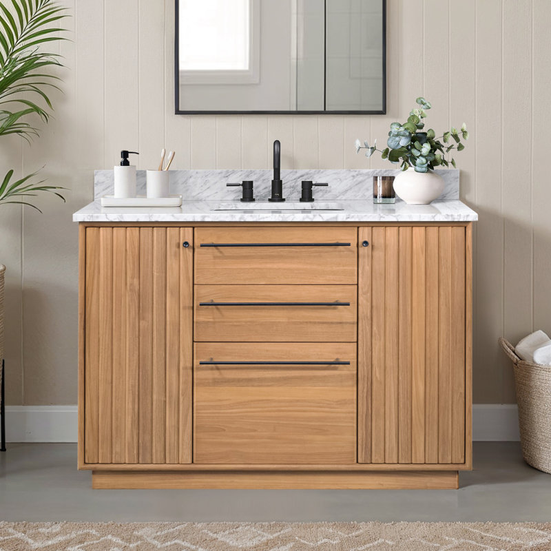 49 po Parker Meuble-lavabo simple en teck naturel avec plateau en marbre blanc de Carrare