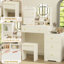 Table de coiffeuse à la mode avec lumières et miroir, 3 modes d'éclairage, blanc, rangement dans la chambre à coucher, chaise de maquillage moderne à tablette réglable et tablettes multiples