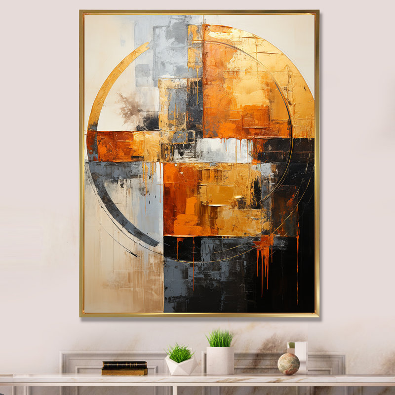 Croissants noir et cuivre - Formes abstraites, impressions sur toile, Cadre flottant doré, H 44 po x l 34 po x P 1,5 po