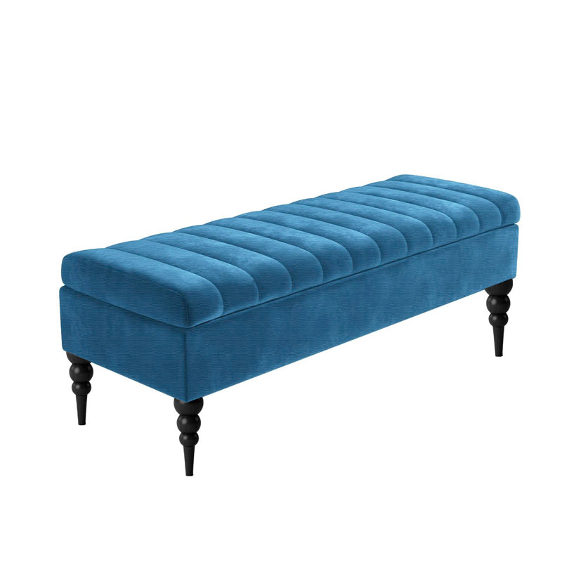 Sierra Striped Upholstered Ottoman Storage Bench - Naples Shoe Bench Footstool with Storage & Turned Wooden Legs, Blue