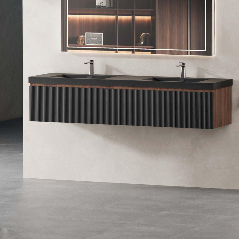 Ensemble de meuble-lavabo mural 72 po avec lavabo 72 po, Noir/noyer