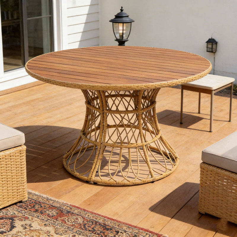 Table de salle à manger d'extérieur durable - plateau rond en bois d'acacia et base en osier, Teck