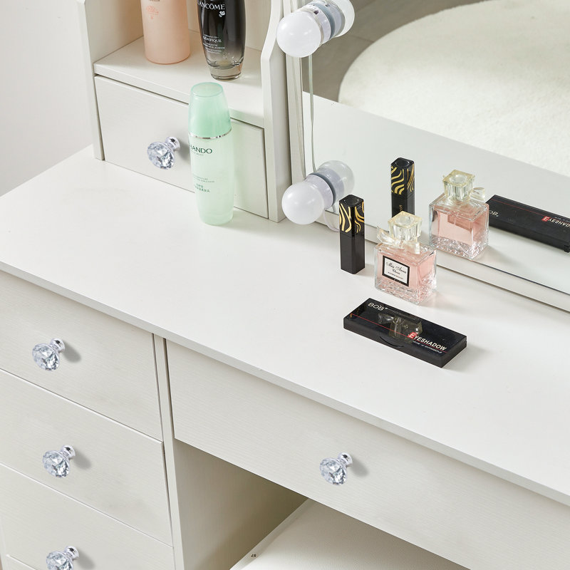 Bureau de coiffeuse avec miroir et 10 lumières DEL Solymar, coiffeuse de maquillage avec lumières et 6 tiroirs de rangement, coiffeuse à 3 tablettes cachées pour la chambre à coucher, blanc