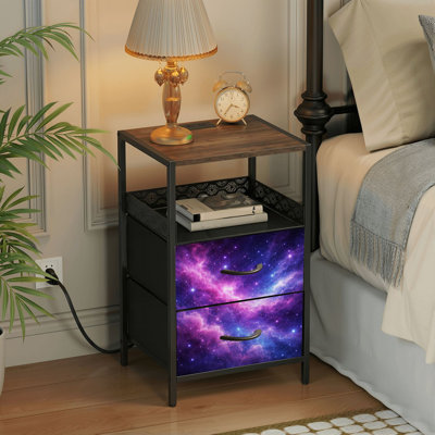  24.2" 2 - Drawer Nightstand Cosmic Nebula Purple Blue Starry Clouds Deep Space Side Table with Charging Station Iron Frame Bedside Table