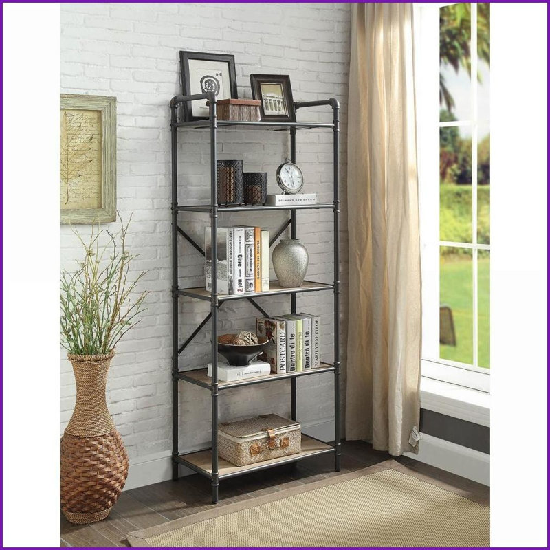 Bookshelf, Industrial 5 Fixed Shelves 23\"x13\" Antique Oak &amp; Sandy Gray Finish | Gray,Oak | Metal,Synthetic Wood