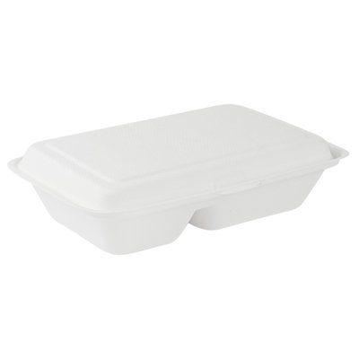 Restaurantware-Pulp Safe No PFAS Added 34 Ounce Clamshell Boxes, 100 Disposable Containers - Home Compostable, 2 Compartments, White Bagasse Containers, Microwavable And Freezable, Hinged Lid