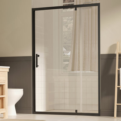 Porte de douche pivotante l 47 à 49 po x H 72 po, porte de douche en verre trempé clair de 1/4 po (6 mm) avec film anti-explosion, revêtement réversible Nano facile à installer, noir mat