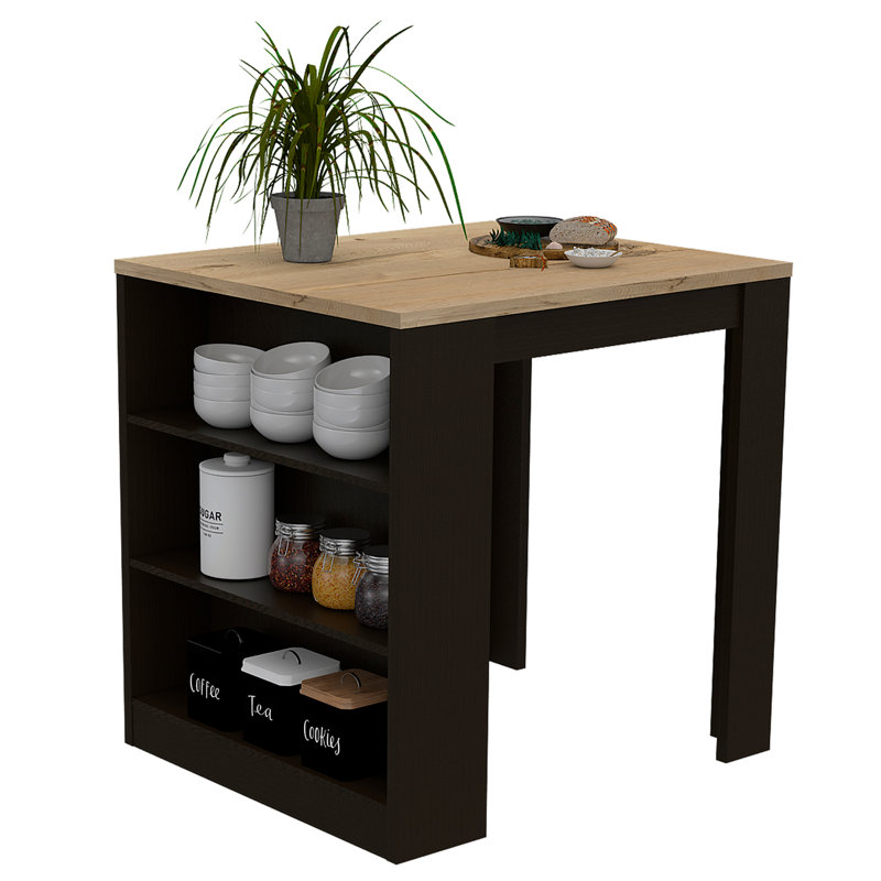 Kitchen Island Table, Two Legs, Three Side Shelves, Black