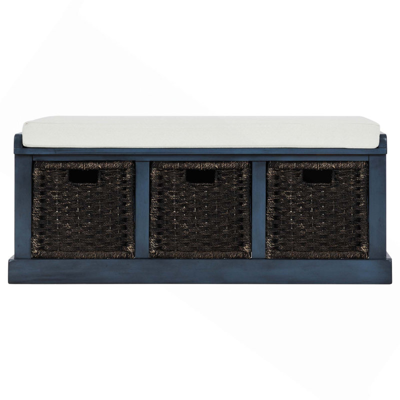 Banc de rangement rustique avec paniers en rotin amovibles et coussin confortable pour un vestibule polyvalent dans le salon