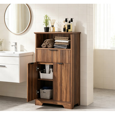 Fluted Coffee Bar Cabinet with Drawer & Adjustable Shelf, Wood Sideboard, Walnut
