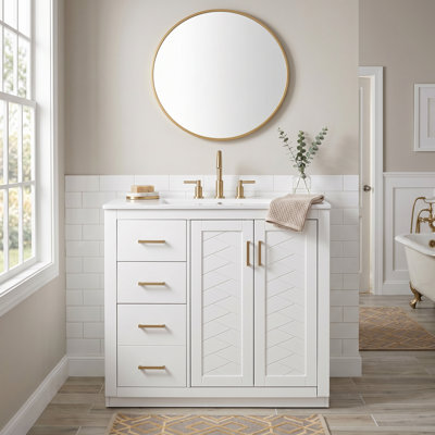 Ensemble de meuble-lavabo 36 po avec lavabo en céramique, armoire de rangement en bois massif, ensemble de meuble-lavabo autoportant avec 3 tiroirs et portes à fermeture douce
