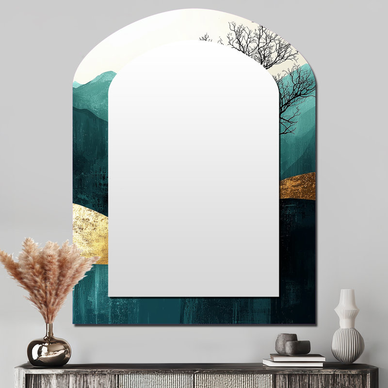 Quiet Bold Tree In Emerald Gold Harmony - Mountains Asymmetrical Unique Mirror, Gold Arch Large Wall Mirror, Printed Metal Art