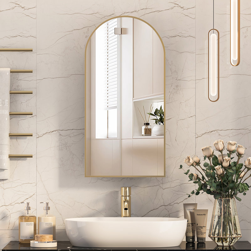 Arched Bathroom Medicine Cabinet With Mirror & Shelves,Right Open,Recessed, Brushed Gold, 31.5" H x 15.8" W x 4.5" D