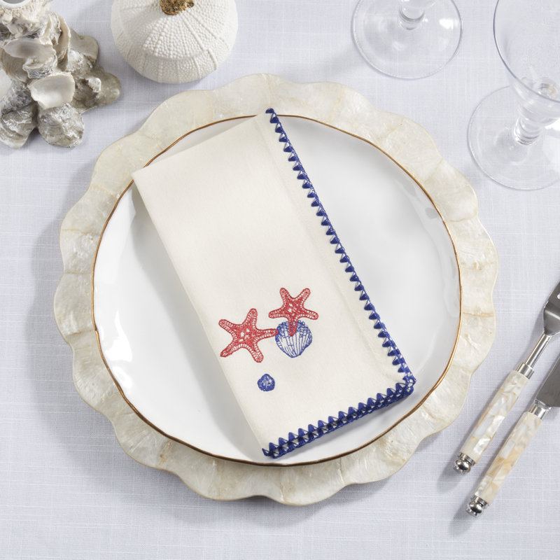 Coastal Motif Cotton Decorative Napkins (Set of 4) – Embroidered Marine Detail for Dining and Entertaining, 18"x18"