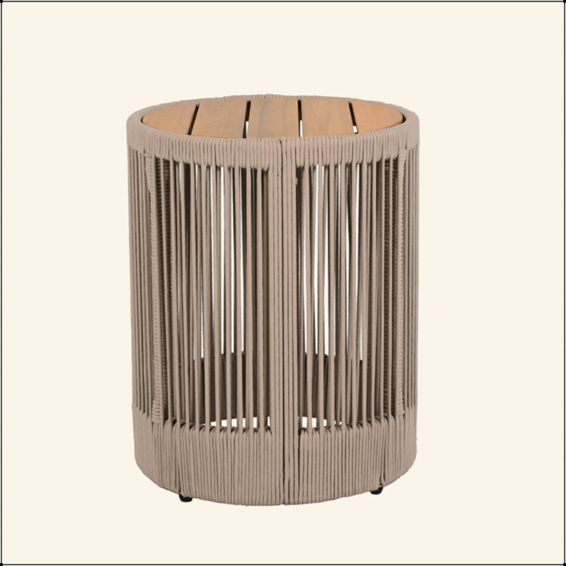 Table d'appoint d'extérieur en corde de rotin et bois d'acacia - Mobilier de balcon de patio pour jardin, cour, balcon