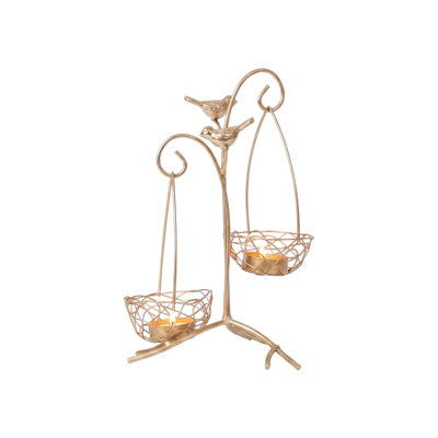 Gold Metal Bird Tealight Candle Holder, 2-Tier Hanging Nest Votive Stand, Tabletop Decor