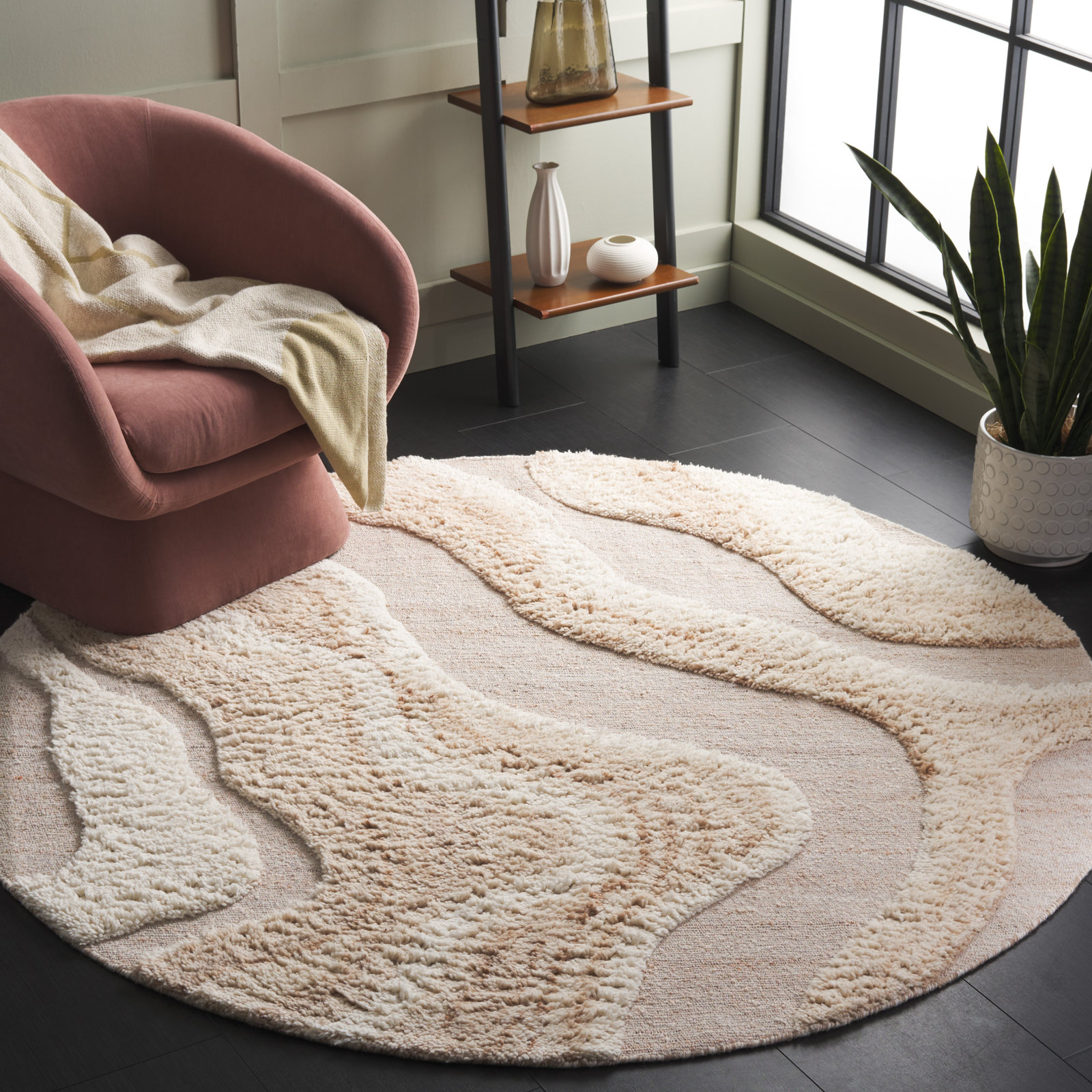 Lyonel Ivory Brown Abstract Rug, Round 6'