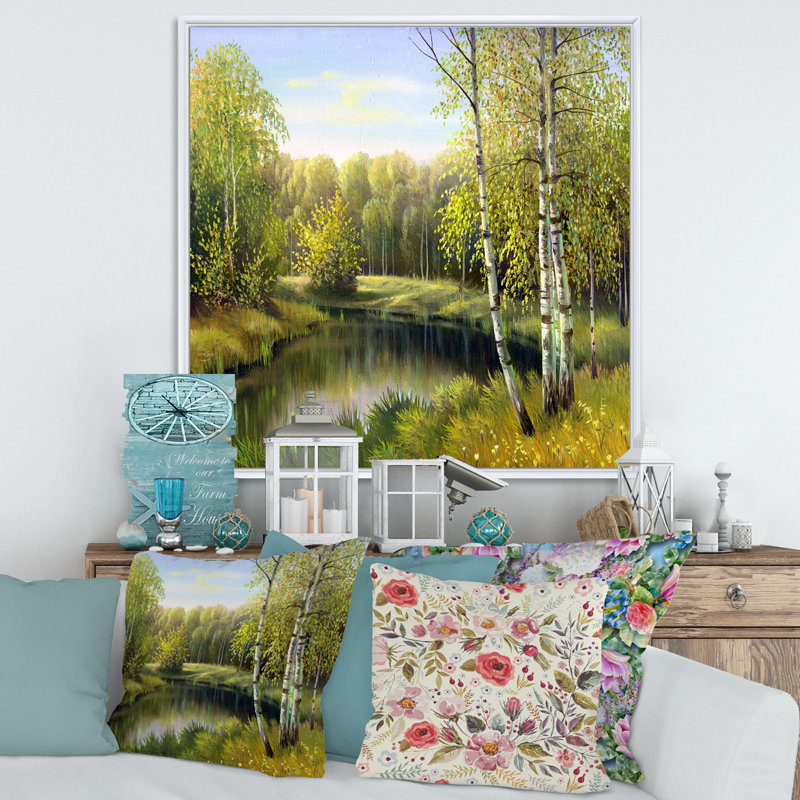Birches by the River in Silent Green Nature - Peinture sur toile, H 30 po x l 30 po x P 1 po, Cadre flottant blanc